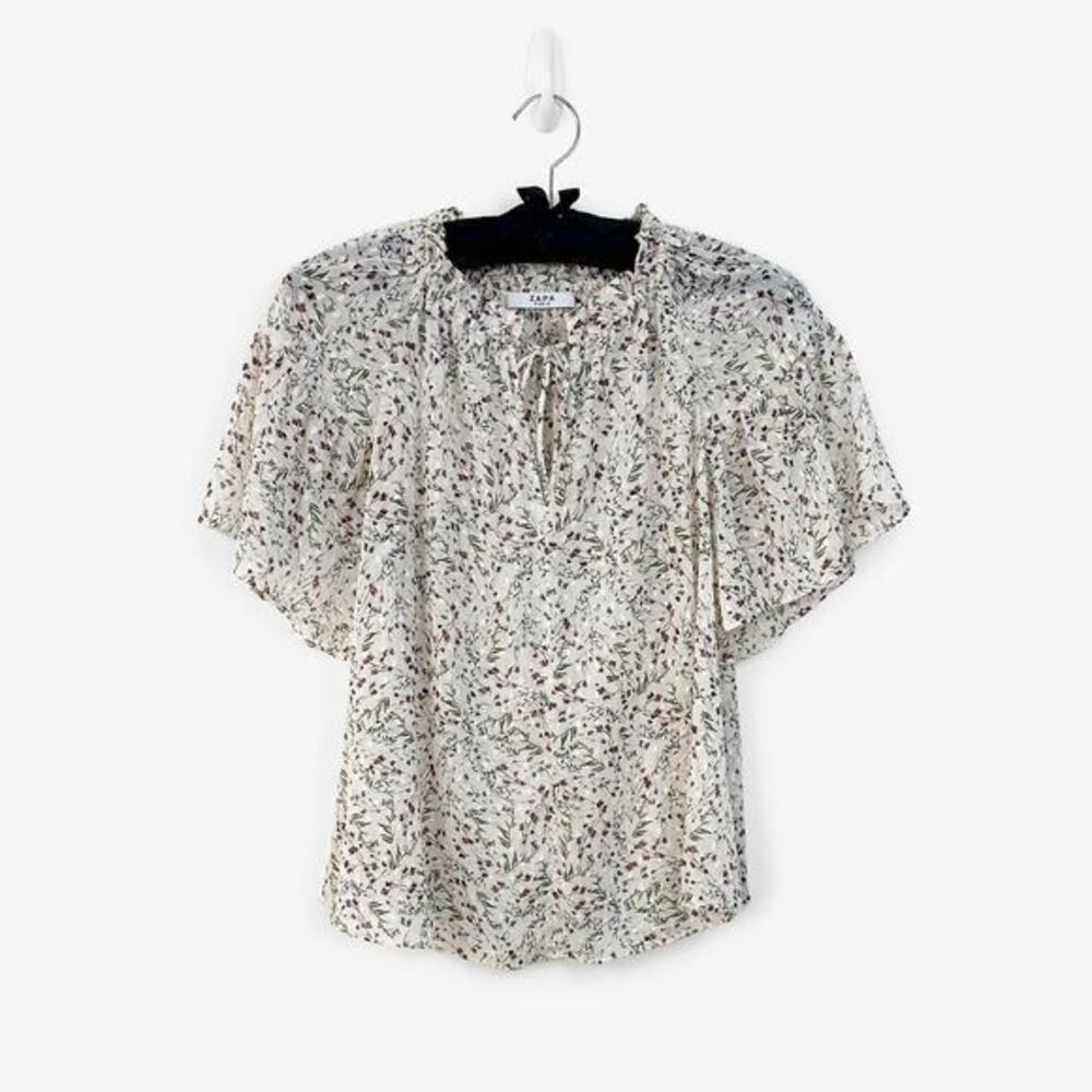 Zapa Paris Floral Blouse Size L Cream Flowy Boho Romantic French‎ Girl Summer